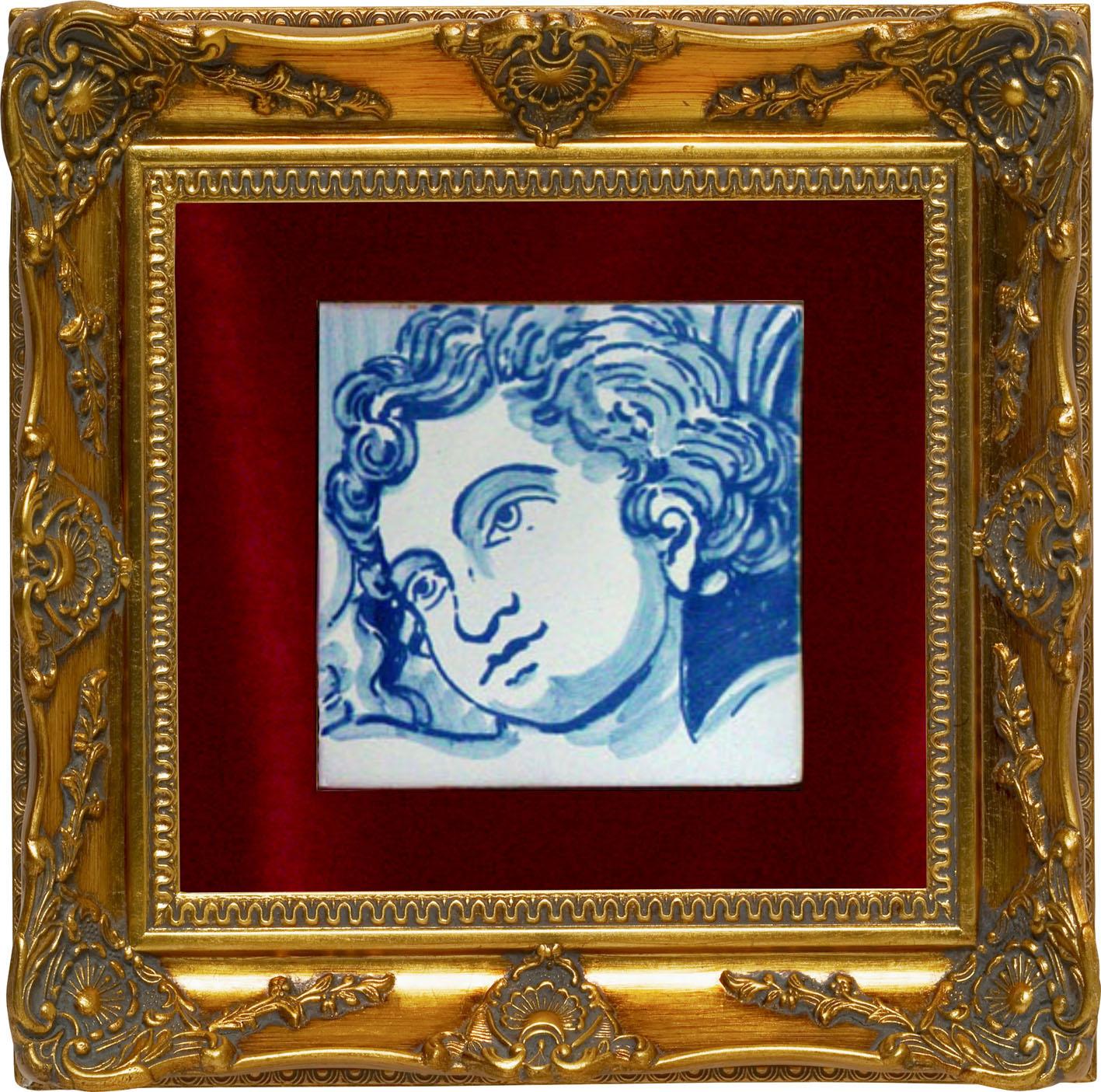 Baroque Tile ou Azulejo portugais baroque peint à la main en bleu représentant un chérubin ou un ange en vente