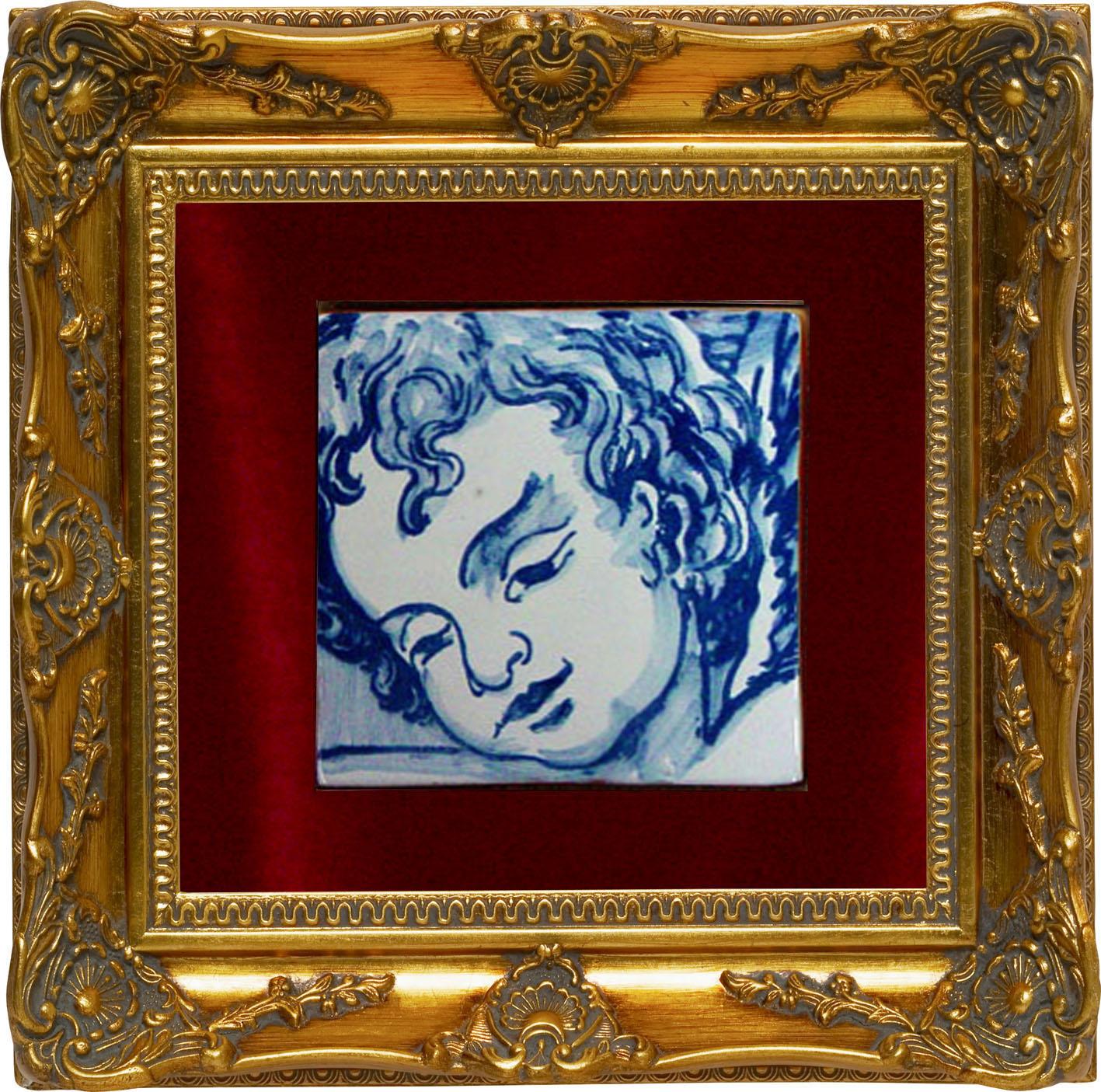 Glazed Blue Hand Painted Baroque Cherub or Angel Portuguese Ceramic Tile or Azulejo For Sale