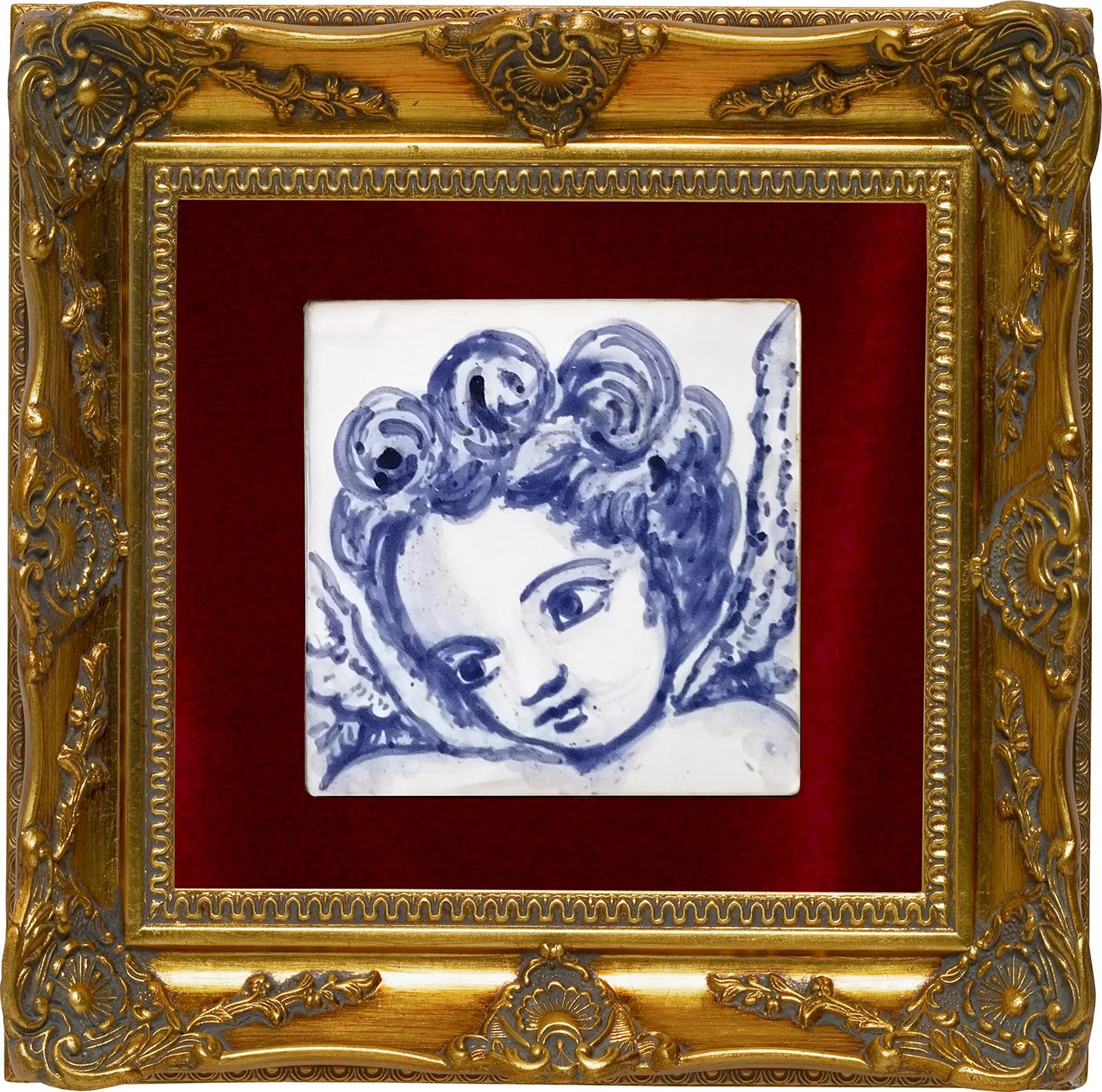 Baroque Tile ou Azulejo en céramique portugaise baroque bleu peint à la main représentant un chérubin ou un ange en vente
