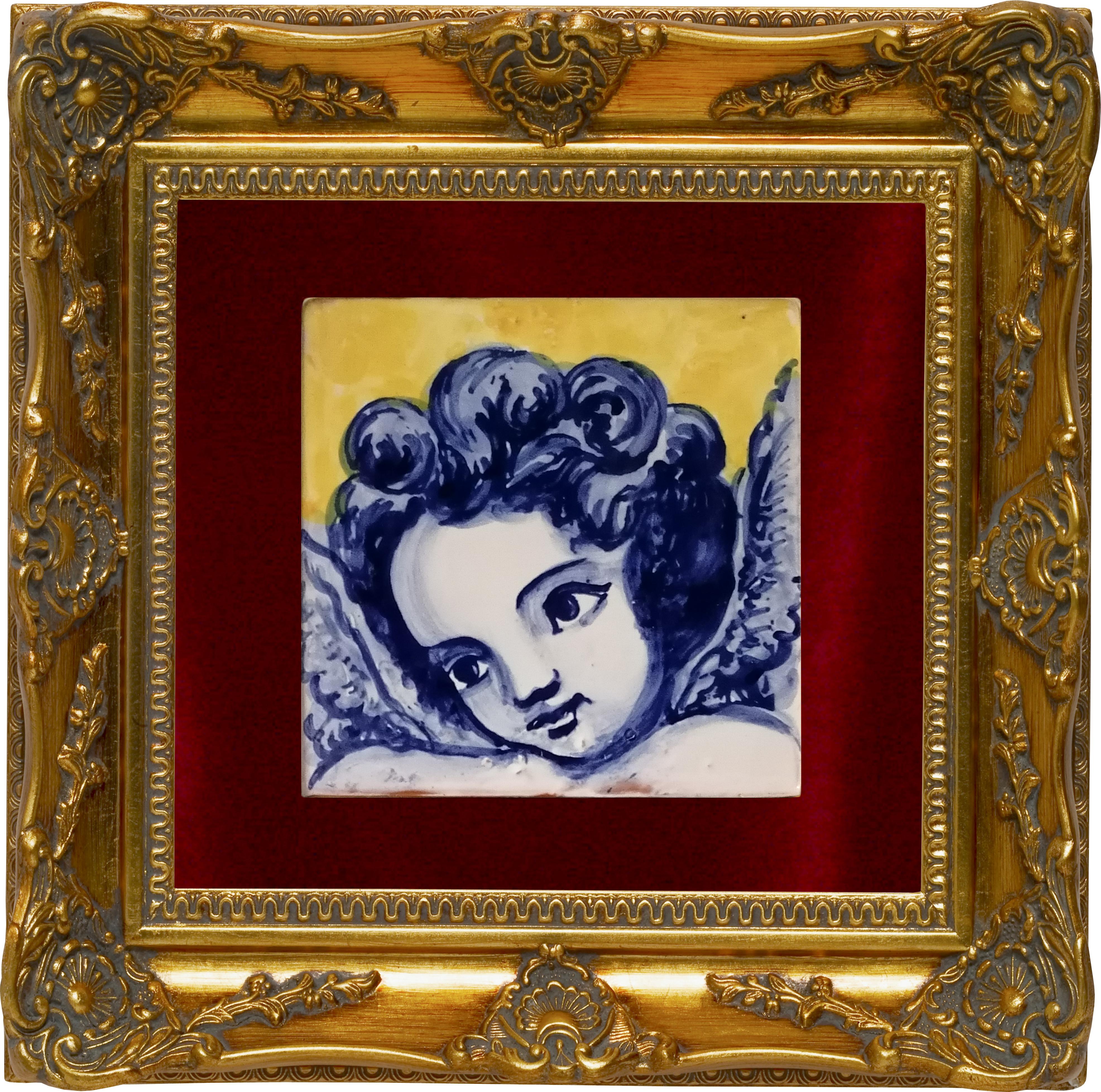 Glazed Blue Hand Painted Baroque Cherub or Angel Portuguese Ceramic Tile or Azulejo For Sale