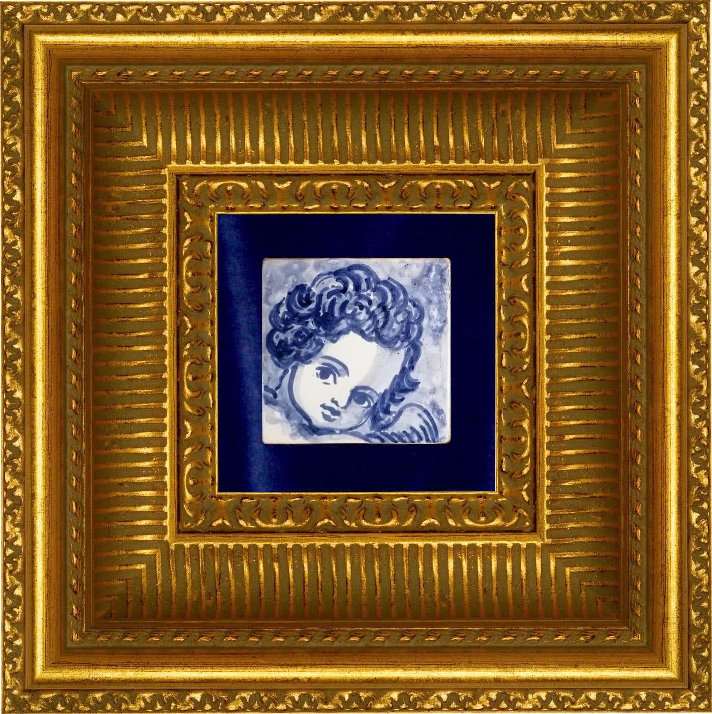 Blauer handbemalter Barock-Keramikfliesen oder Azulejo aus portugiesischer Keramik, Cherub oder Engel (Portugiesisch) im Angebot