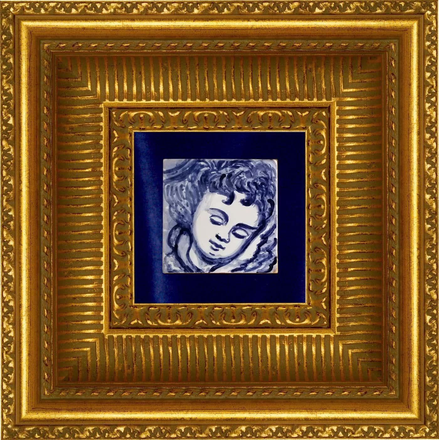 Blauer handbemalter Barock-Keramikfliesen oder Azulejo aus portugiesischer Keramik, Cherub oder Engel (Portugiesisch) im Angebot