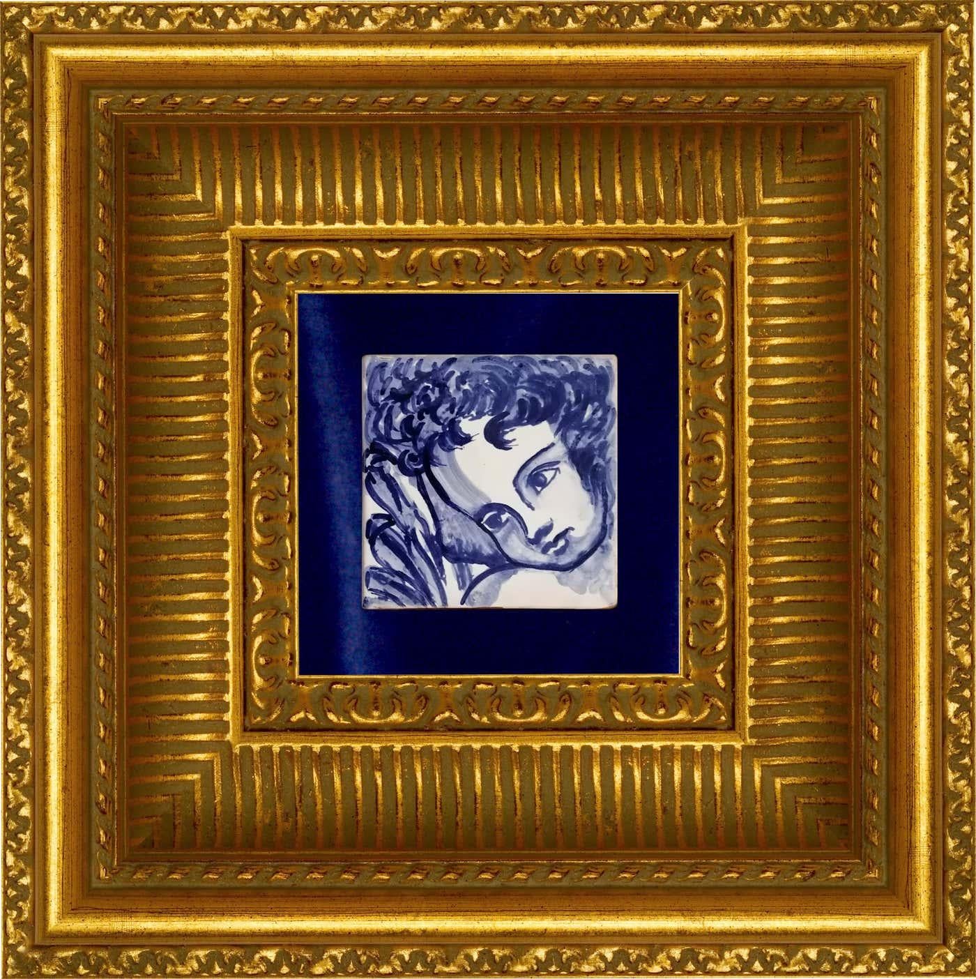 Blauer handbemalter Barock-Keramikfliesen oder Azulejo aus portugiesischer Keramik, Cherub oder Engel (Portugiesisch) im Angebot