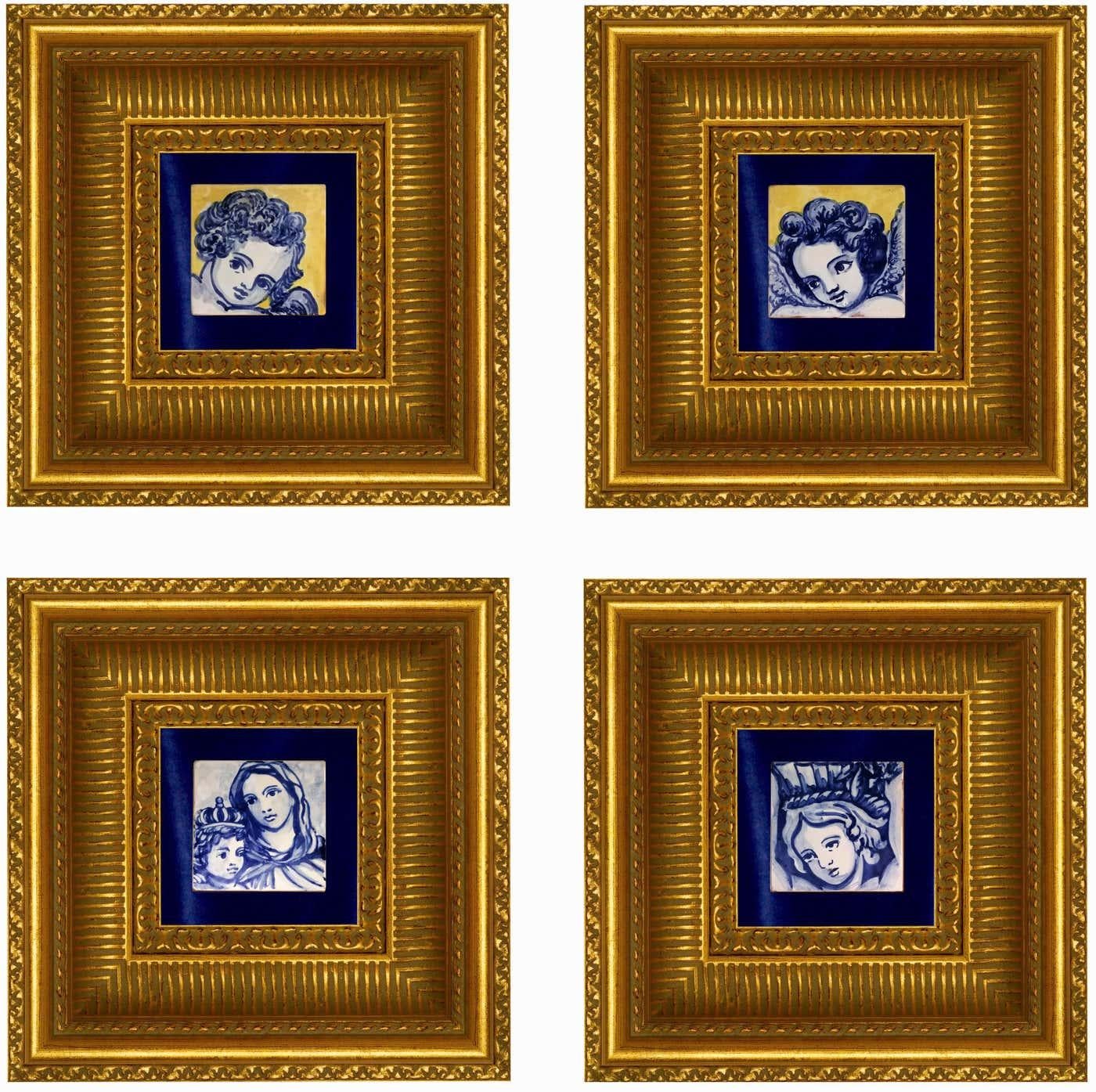 Portoghese Mattonella di ceramica portoghese blu dipinta a mano con cherubino o angelo o Azulejo in vendita