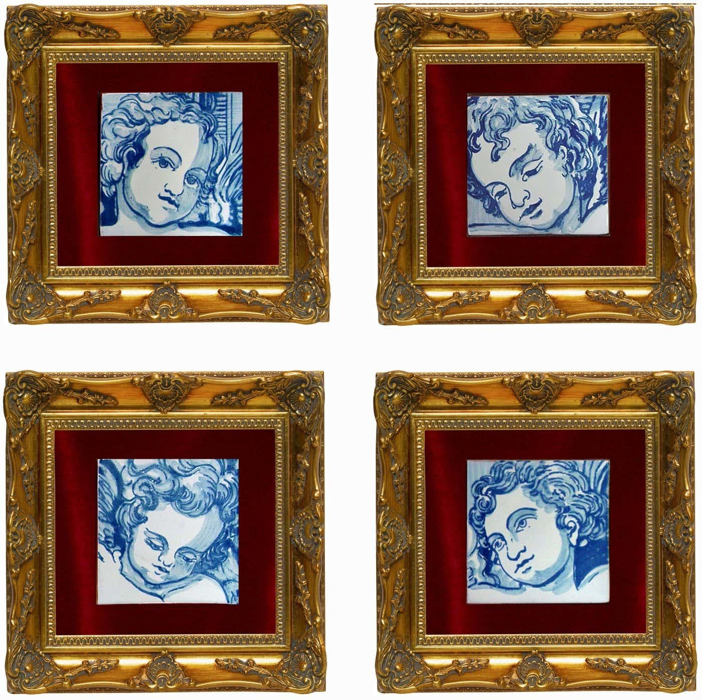 Blauer handbemalter Barock-Keramikfliesen oder Azulejo aus portugiesischer Keramik, Cherub oder Engel (Glasiert) im Angebot
