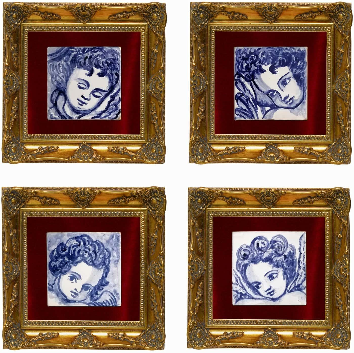 Blauer handbemalter Barock-Keramikfliesen oder Azulejo aus portugiesischer Keramik, Cherub oder Engel (Glasiert) im Angebot