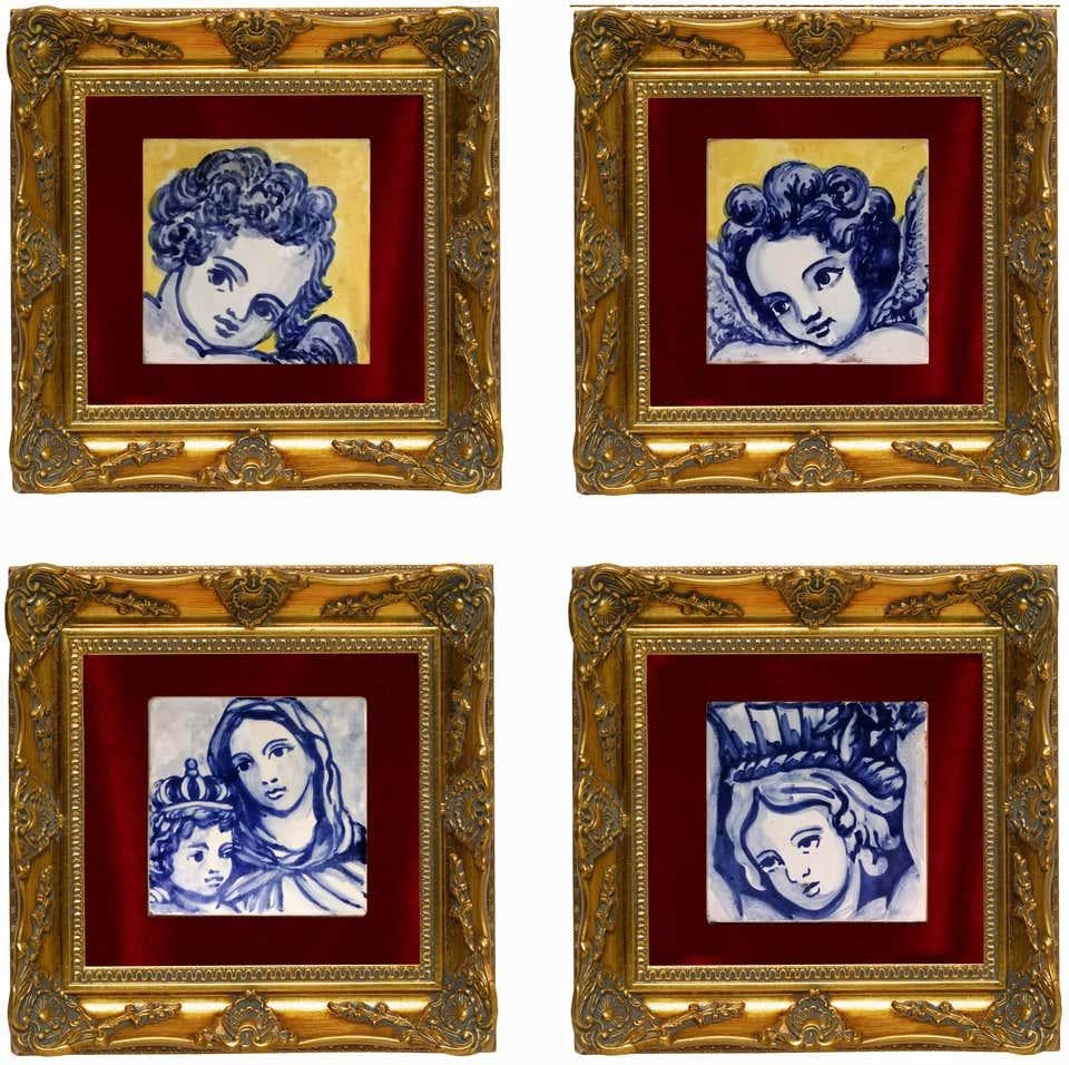 Azulejo o Querubín Barroco Azul Pintado a Mano Azulejo o Azulejo Portugués siglo XX en venta