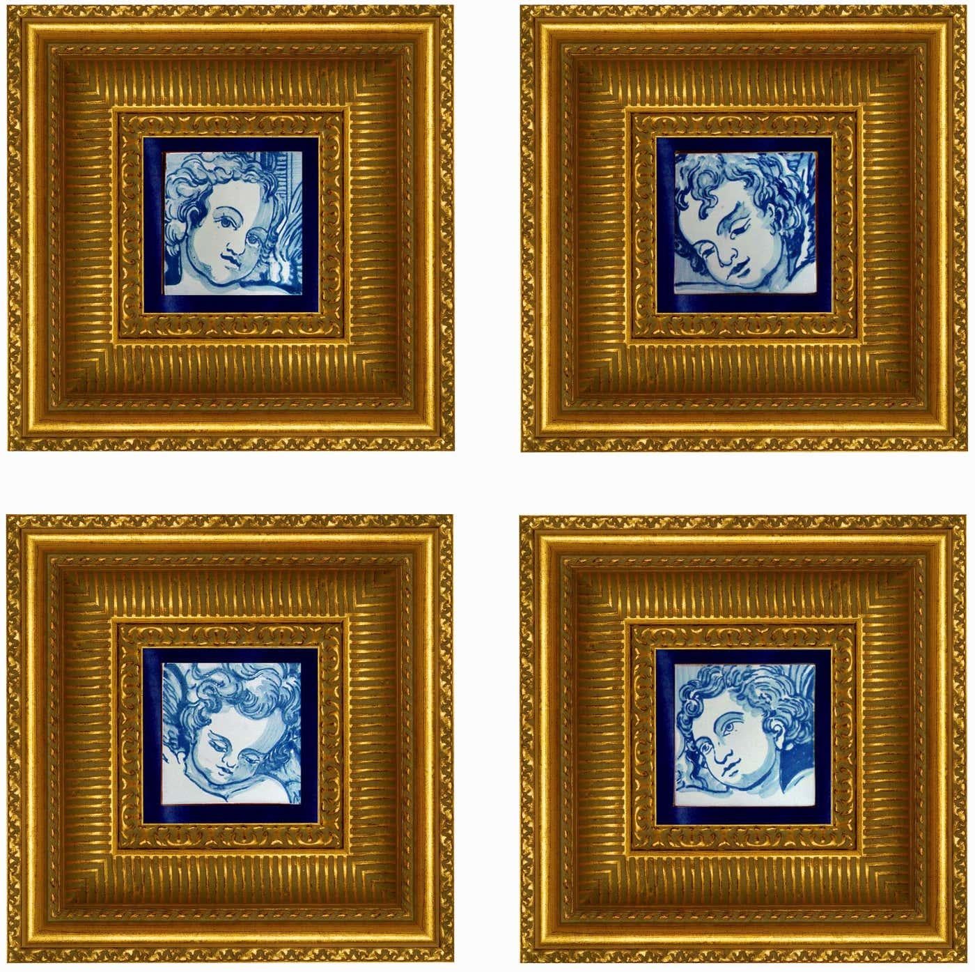 Blauer handbemalter Barock-Keramikfliesen oder Azulejo aus portugiesischer Keramik, Cherub oder Engel im Zustand „Hervorragend“ im Angebot in Coimbra, PT