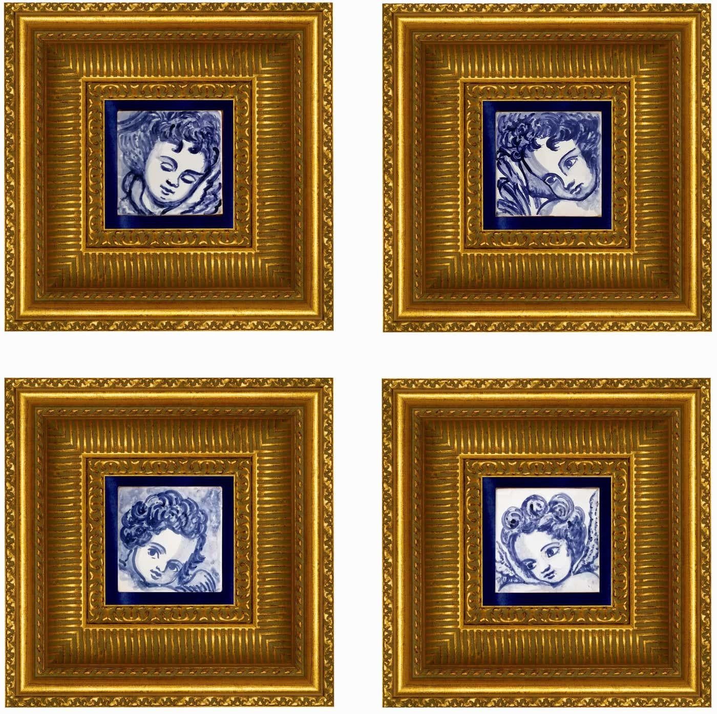 Blauer handbemalter Barock-Keramikfliesen oder Azulejo aus portugiesischer Keramik, Cherub oder Engel im Zustand „Hervorragend“ im Angebot in Coimbra, PT