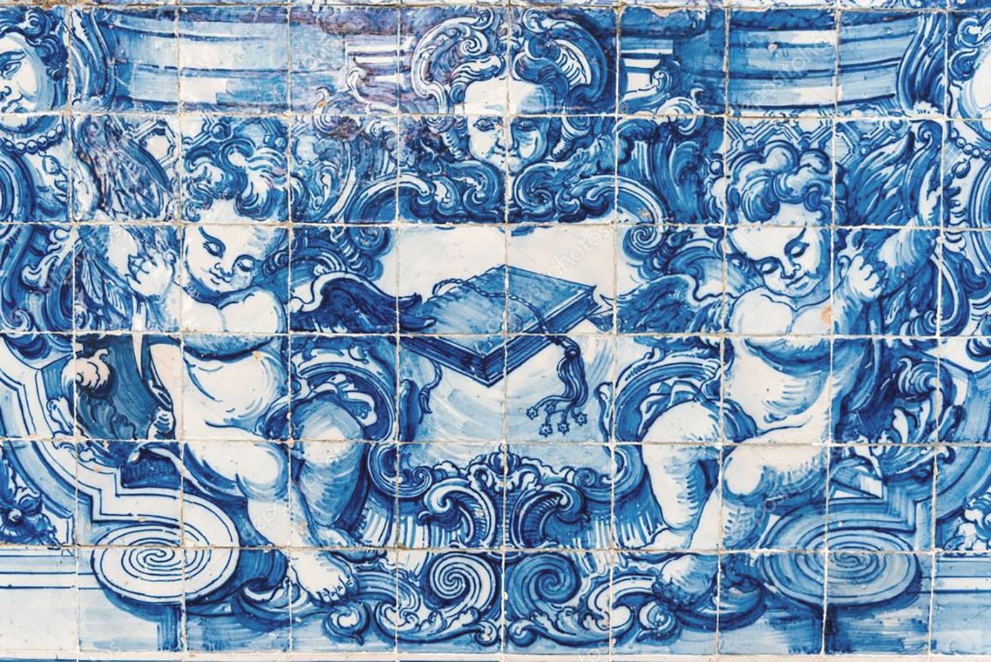 Blauer handbemalter Barock-Keramikfliesen oder Azulejo aus portugiesischer Keramik, Cherub oder Engel (20. Jahrhundert) im Angebot