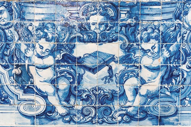Delft Blue Hand Painted Baroque Cherub or Angel Portuguese Ceramic Tile or Azulejo For Sale