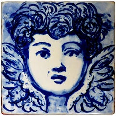 Vintage Blue Hand-Painted Baroque Cherub or Angel Portuguese Ceramic Tile or Azulejo