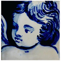 Retro Blue Hand-Painted Baroque Cherub or Angel Portuguese Ceramic Tile or Azulejo
