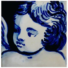 Vintage Blue Hand-Painted Baroque Cherub or Angel Portuguese Ceramic Tile or Azulejo