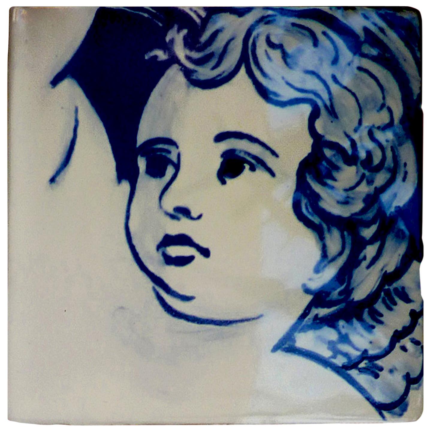 Blue Hand Painted Baroque Cherub or Angel Portuguese Ceramic Tile or Azulejo