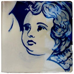 Vintage Blue Hand Painted Baroque Cherub or Angel Portuguese Ceramic Tile or Azulejo