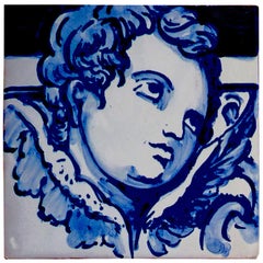 Vintage Blue Hand Painted Baroque Cherub or Angel Portuguese Ceramic Tile or Azulejo