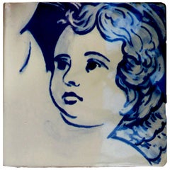 Blue Hand Painted Baroque Cherub or Angel Portuguese Ceramic Tile or Azulejo