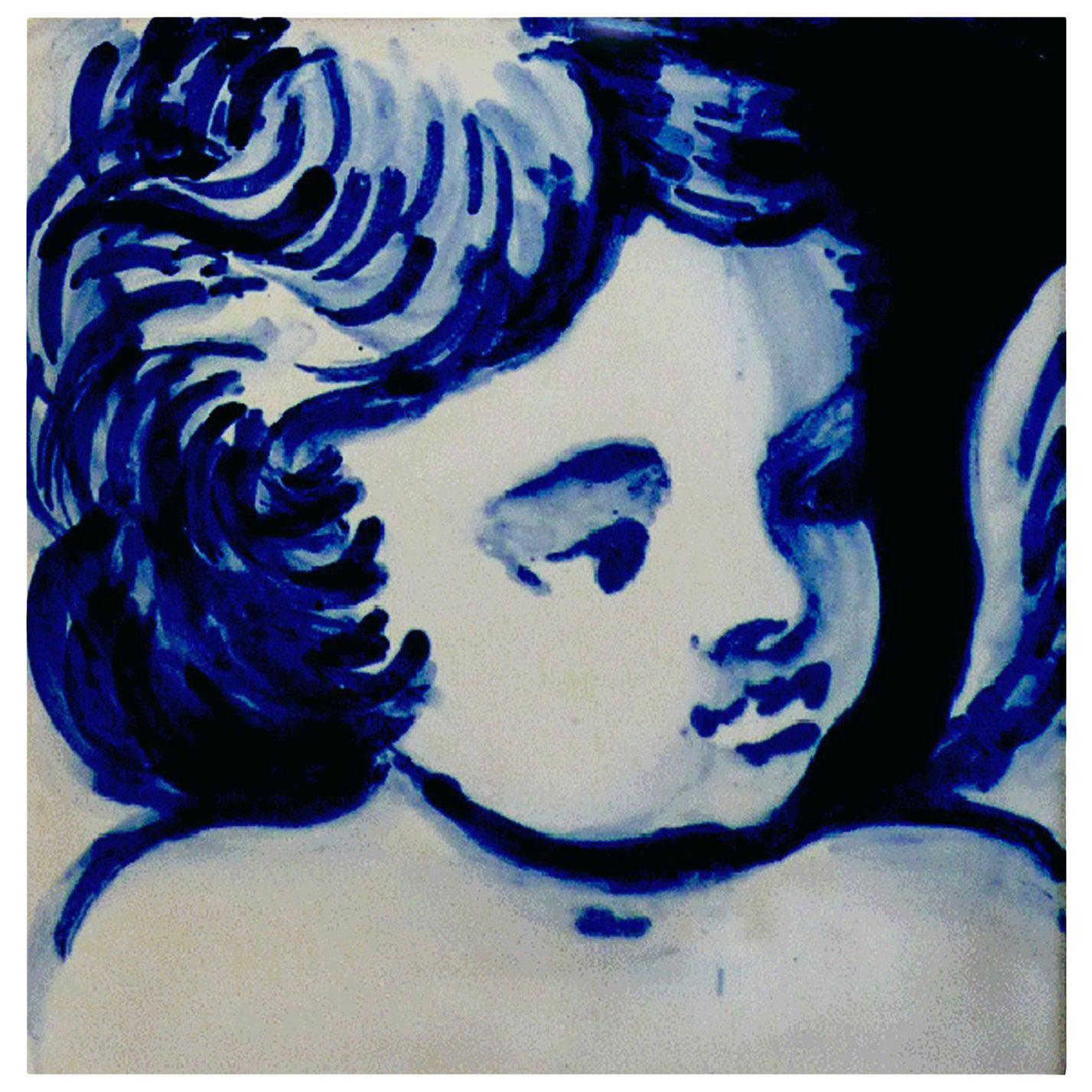 Blue Hand Painted Baroque Cherub or Angel Portuguese Ceramic Tile or Azulejo