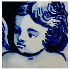 Portugiesische Keramikfliesen oder Azulejo in Blau, handbemalt, Barock, Cherub oder Engel