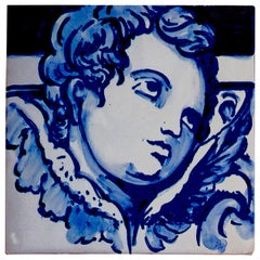 Vintage Blue Hand Painted Baroque Cherub or Angel Portuguese Ceramic Tile or Azulejo