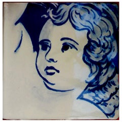 Blue Hand Painted Baroque Cherub or Angel Portuguese Ceramic Tile or Azulejo