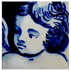 Carreau de céramique portugais bleu:: baroque:: peint à la main:: en forme de chérubin ou d'ange ou Azulejo