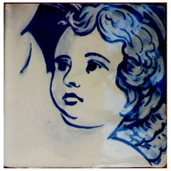 Vintage Blue Hand Painted Baroque Cherub or Angel Portuguese Ceramic Tile or Azulejo