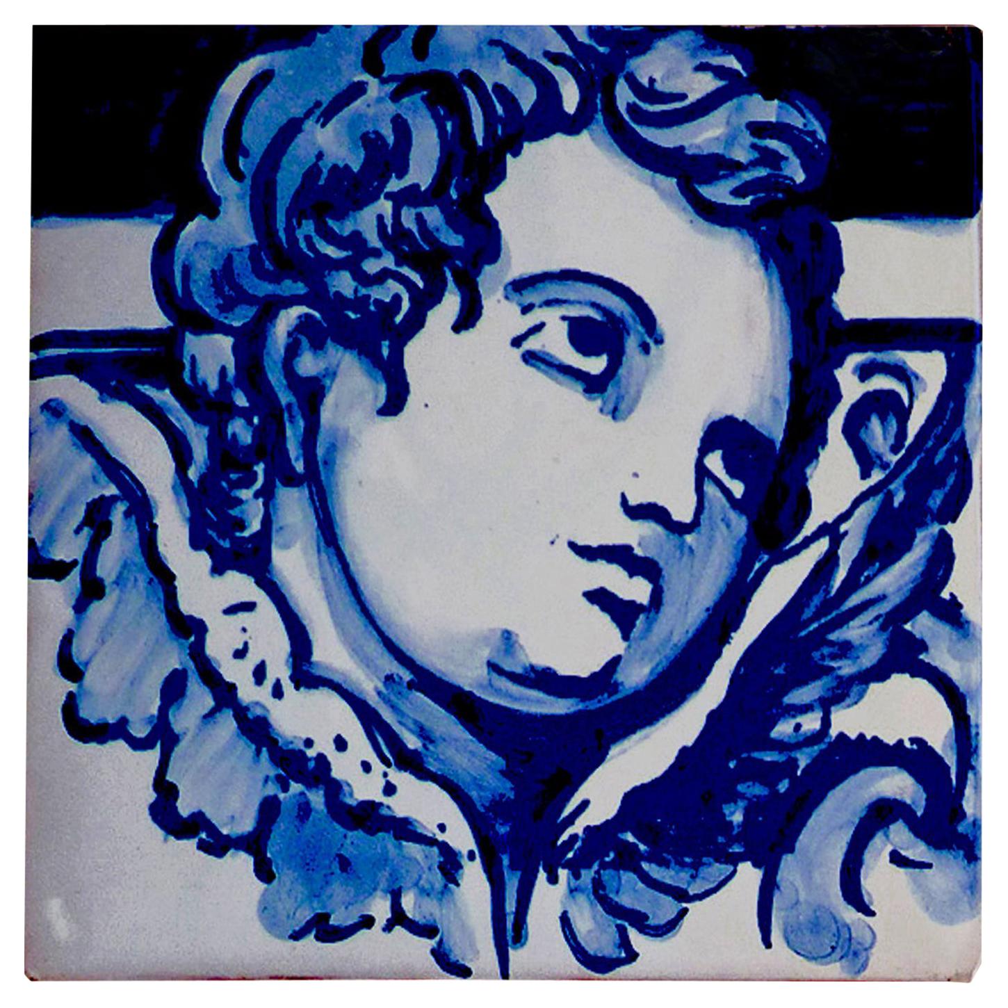 Blue Hand-Painted Baroque Cherub or Angel Portuguese Ceramic Tile or Azulejo
