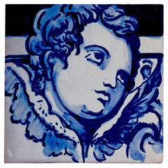 Vintage Blue Hand-Painted Baroque Cherub or Angel Portuguese Ceramic Tile or Azulejo