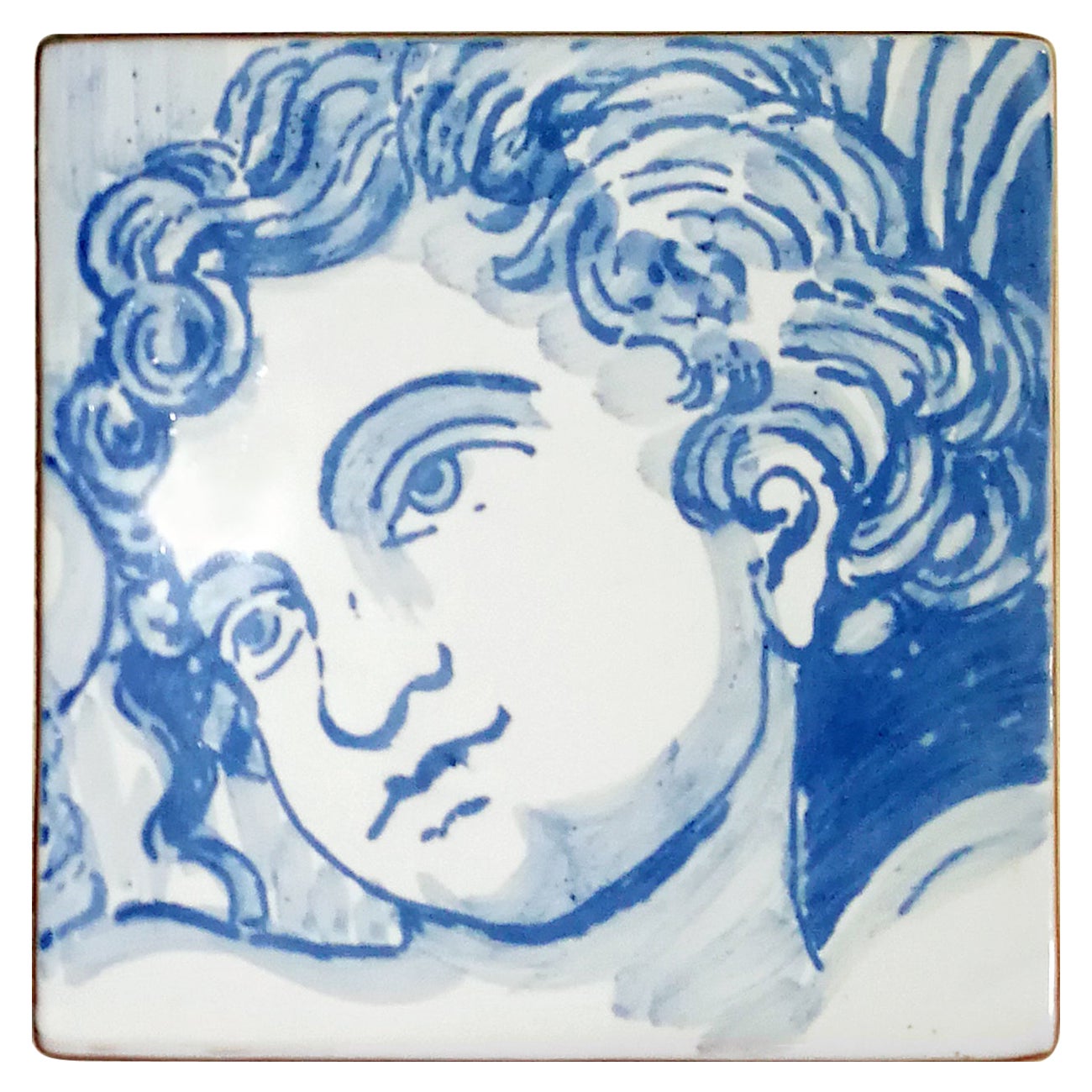 Blauer handbemalter Barock-Keramikfliesen oder Azulejo aus portugiesischer Keramik, Cherub oder Engel