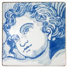 Blue Hand Painted Baroque Cherub or Angel Portuguese Ceramic Tile or Azulejo