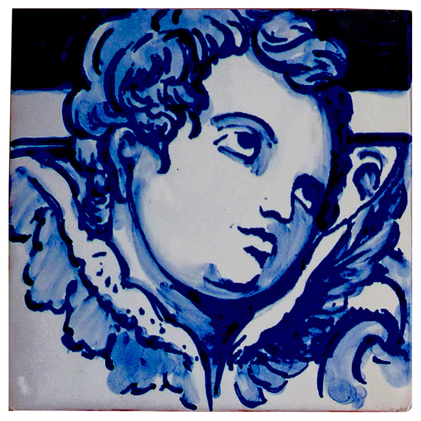Portugiesische Keramikfliesen oder Azulejo in Blau, handbemalt, Barock, Cherub oder Engel