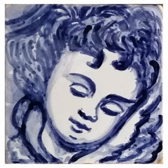Vintage Blue Hand Painted Baroque Cherub or Angel Portuguese Ceramic Tile or Azulejo