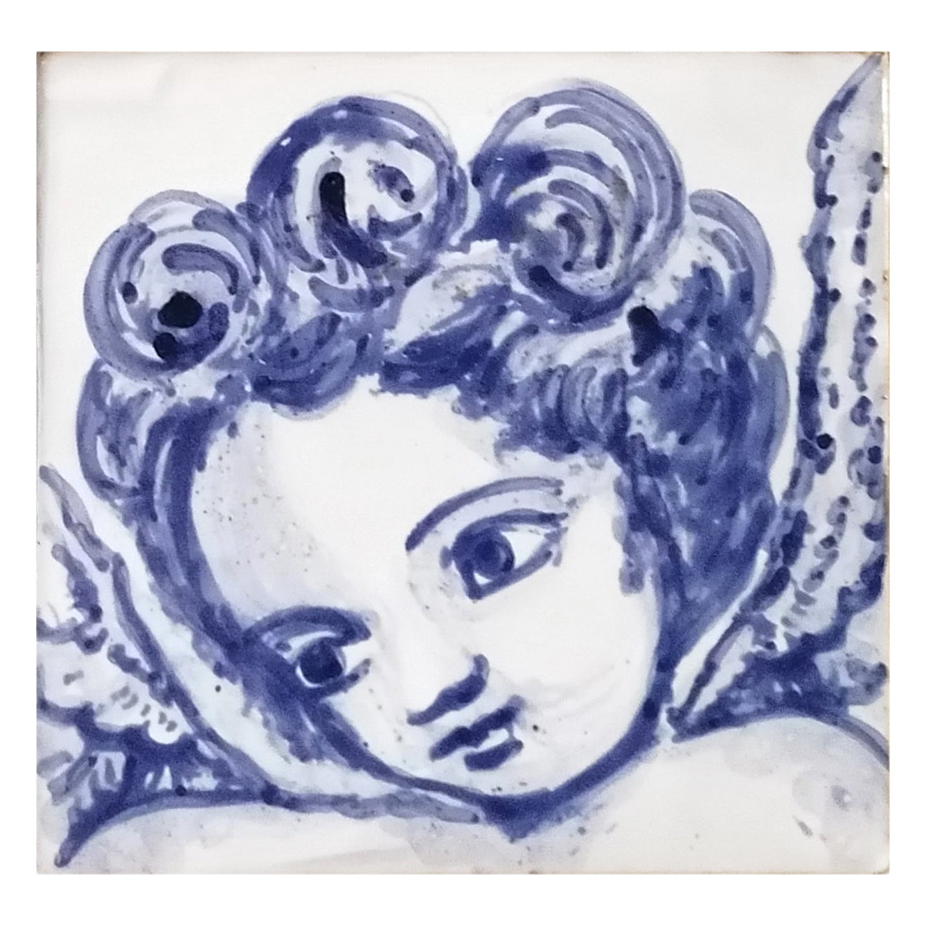 Portugiesische Keramikfliesen oder Azulejo in Blau, handbemalt, Barock, Cherub oder Engel