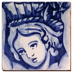 Blue Hand Painted Baroque Cherub or Angel Portuguese Ceramic Tile or Azulejo