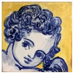 Blue Hand Painted Baroque Cherub or Angel Portuguese Ceramic Tile or Azulejo