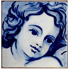 Retro Blue Hand-Painted Baroque Cherub or Angel, Portuguese Ceramic Tile or Azulejo