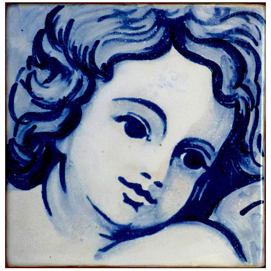 Blue Hand-Painted Baroque Cherub or Angel, Portuguese Ceramic Tile or Azulejo