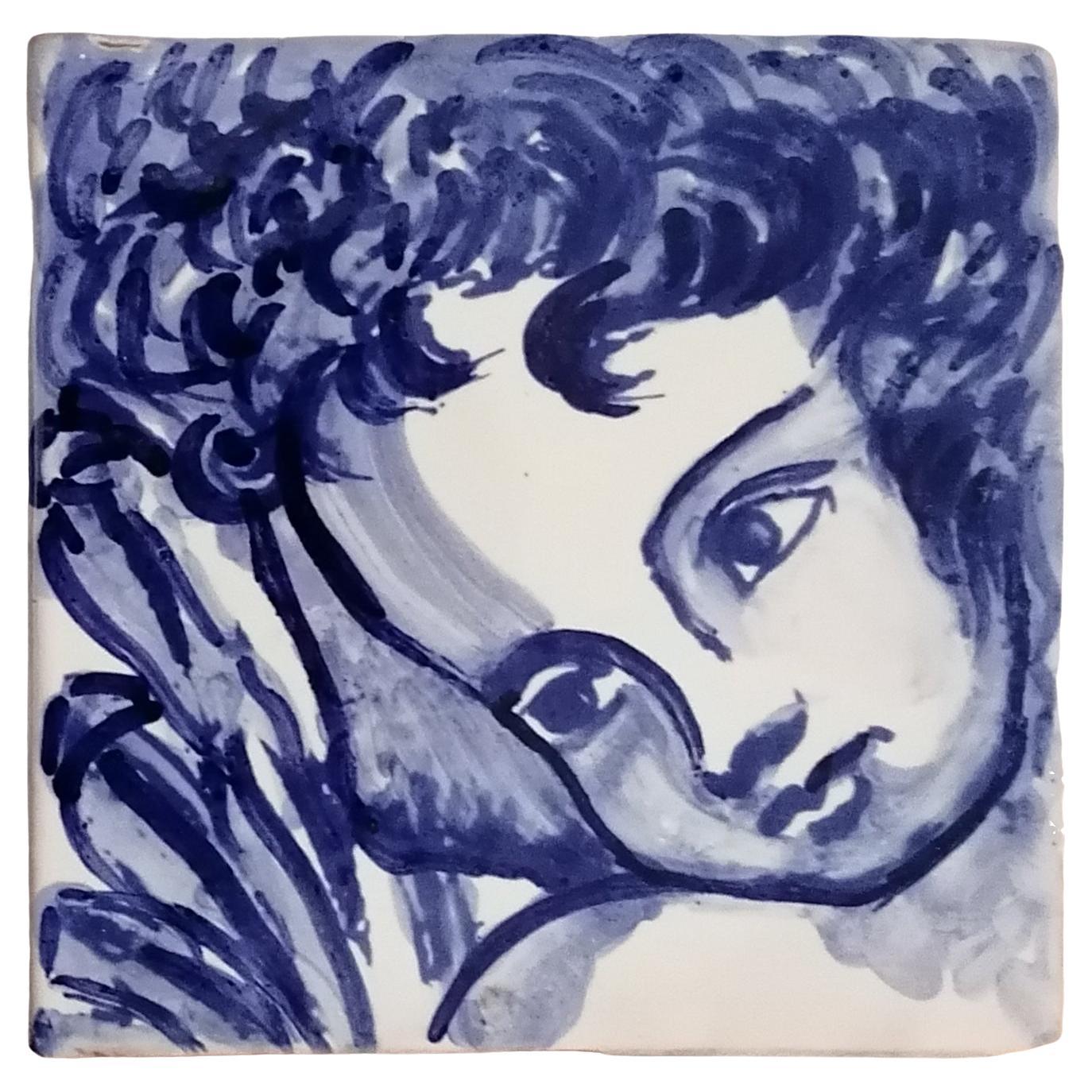 Blue Hand Painted Baroque Cherub or Angel Portuguese Ceramic Tile or Azulejo
