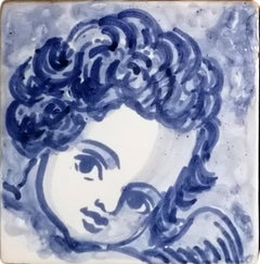 Vintage Blue Hand Painted Baroque Cherub or Angel Portuguese Ceramic Tile or Azulejo