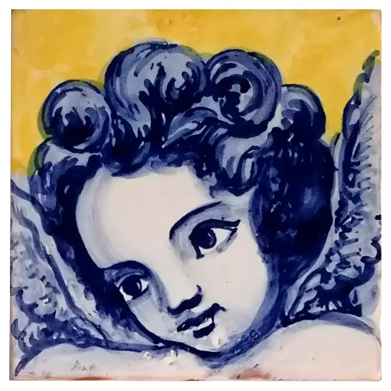 Blue Hand Painted Baroque Cherub or Angel Portuguese Ceramic Tile or Azulejo For Sale