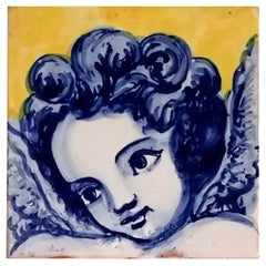 Blauer handbemalter Barock-Keramikfliesen oder Azulejo aus portugiesischer Keramik, Cherub oder Engel