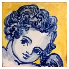 Blue Hand Painted Baroque Cherub or Angel Portuguese Ceramic Tile or Azulejo