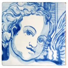 Blauer handbemalter Barock-Keramikfliesen oder Azulejo aus portugiesischer Keramik, Cherub oder Engel