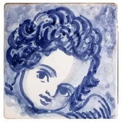 Blauer handbemalter Barock-Keramikfliesen oder Azulejo aus portugiesischer Keramik, Cherub oder Engel
