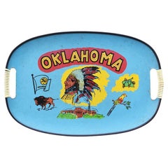 Used Blue Hand Painted Native American Oklahoma Serving Tray with Wrapped Handles