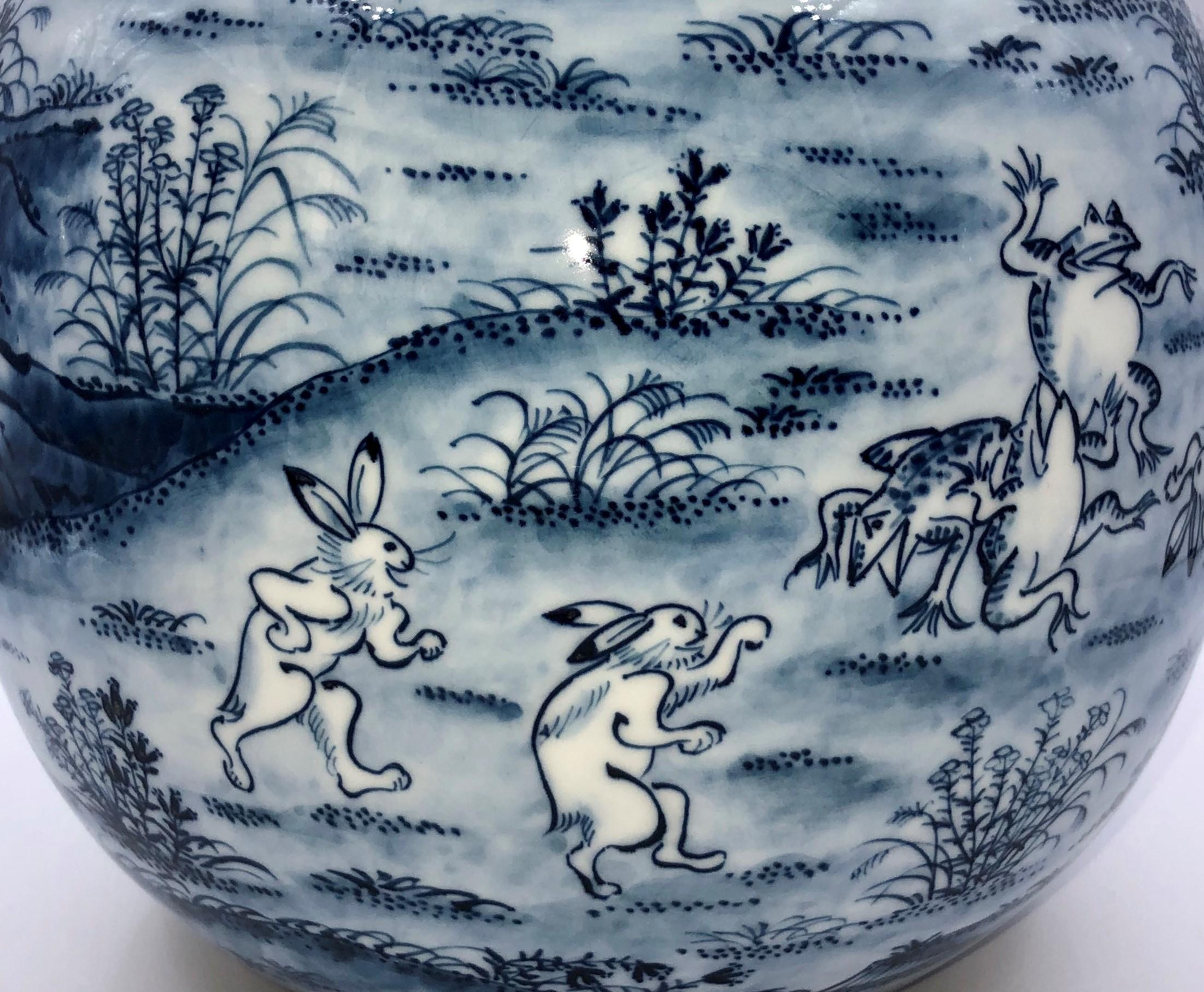 Meiji Contemporary Japanese Blue White Porcelain Vase by Master Artist, 2 For Sale