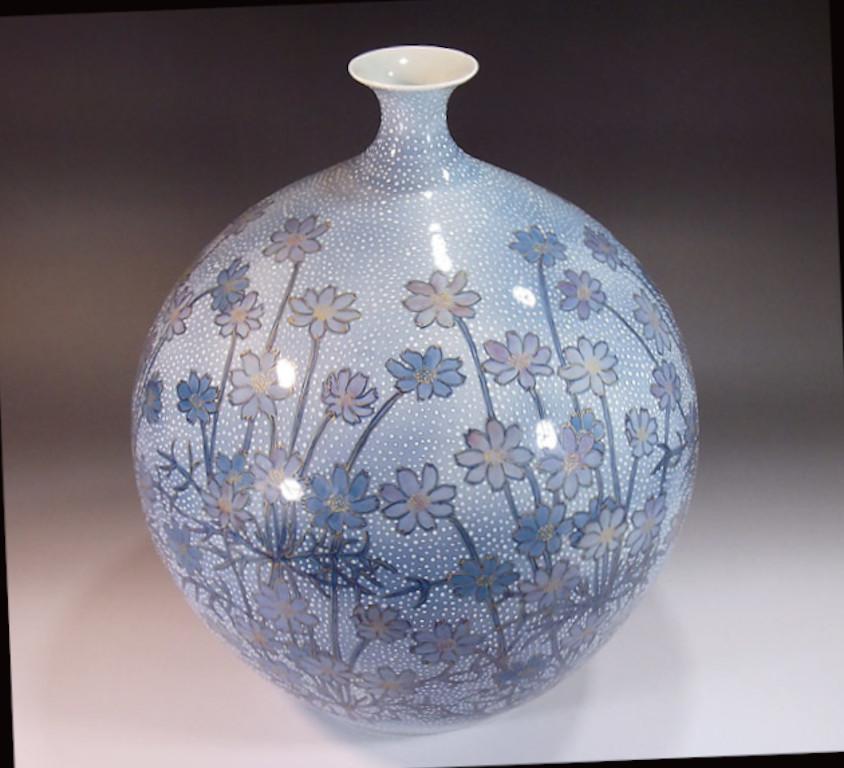 Hand-Painted Blue Hand Painted Porcelain Vase by Japanese Contemporary Master Artist For Sale