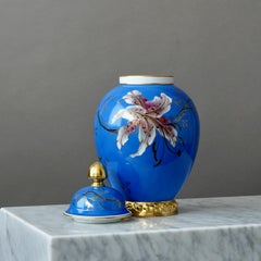 Blue Hand-Painted Rosenthal Art Deco Lidded Jar with Orchids. Germany, 1930s